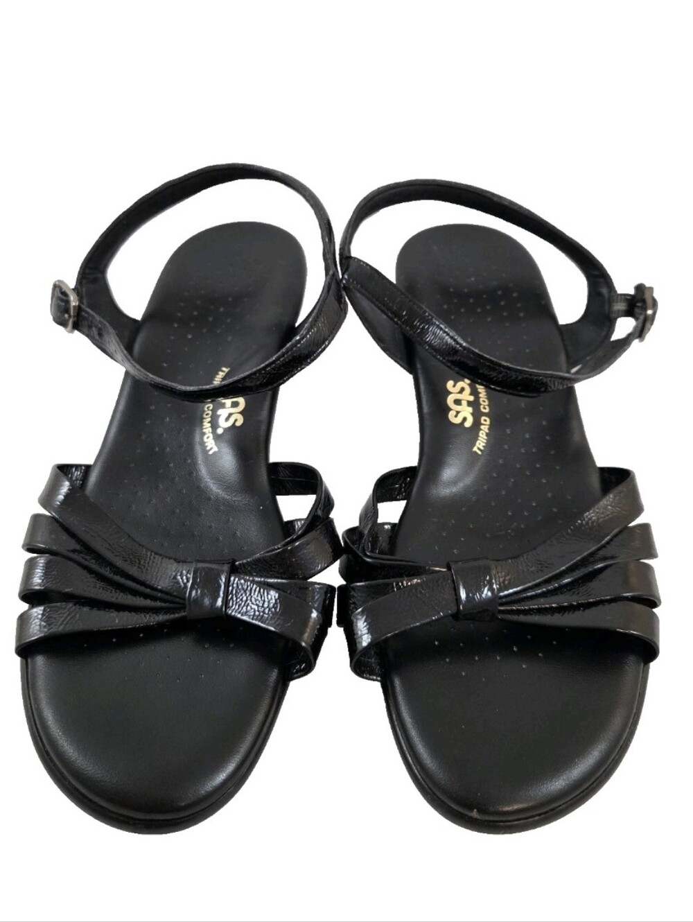 SAS Strippy Black Patent Leather Ankle Strap Wedge Sandals Women's 9.5W Wide USA